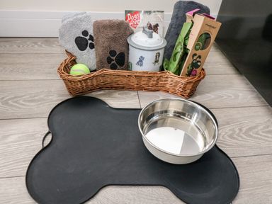 A metal dog bowl on a black bone shaped mat with a wicker basket holding towels, a tennis ball, a jar, and dog items on a wooden floor at Trevore Farmhouse in Chacewater