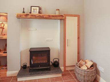 A wood burning stove on a slate hearth with a basket of firewood and a small cabinet at Newtown East near Kilkee County Clare