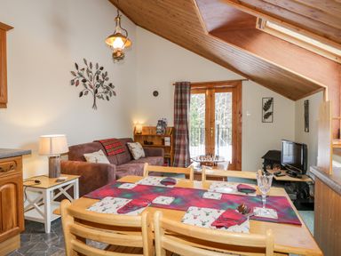 A dining area with a wooden table and chairs set with napkins and a glass a living room with a sofa a side table lamp and a small television in Torbreck Chalet in Kincraig
