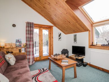 A living room with a brown sofa a wooden coffee table a small tv and wooden door at Torbreck Chalet in Kincraig