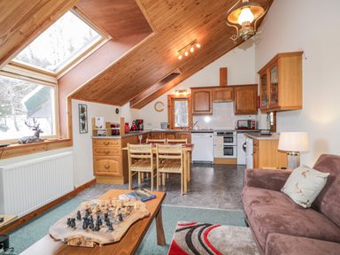 A kitchen and living area with wooden cabinets dining table and chairs sofa and chessboard at Torbreck Chalet in Kincraig