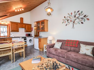 A living area with a kitchen dining table and sofa with cushions and a wall decoration at Torbreck Chalet in Kincraig