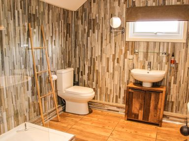 A bathroom with a toilet a sink with a wooden cabinet a ladder towel rack and a shower at The Boars Head Pub in Bishops Castle