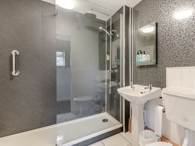 A bathroom with a shower area, sink, toilet, mirror, and toiletries at The Boars Head Pub in Bishops Castle