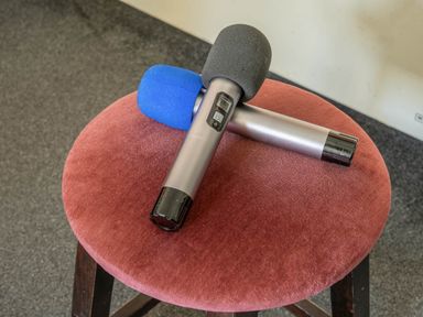 Two microphones on a stool at The Boars Head Pub in Bishop's Castle