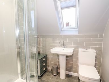 A bathroom with a shower enclosure sink toilet a small cabinet and a skylight window at Little Wash Cottage in Hunstanton
