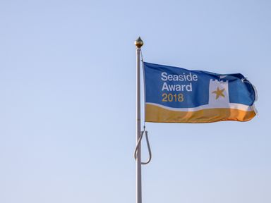 A flag displaying Seaside Award 2018 on a flagpole against a clear sky