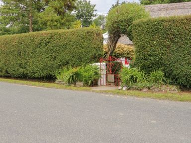 A red metal gate set in a trimmed hedge with a small garden and a thatched roof building in the background at Mary Rose Cottage Cordal near Castleisland County Kerry