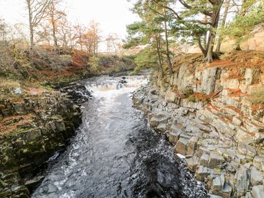A river flowing through rocks with trees and foliage on the banks at Badgers Sett in Winston near Staindrop