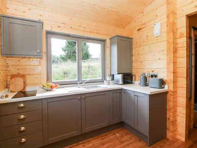 A kitchen with grey cabinets a sink under a window and appliances on the counter at Badgers Sett in Winston near Staindrop