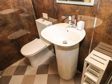 A bathroom with a toilet, a pedestal sink with a faucet, a white stool, and brown walls at Badgers Sett in Winston near Staindrop