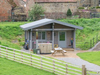 A small wooden cabin with a hot tub and picnic bench outside surrounded by grass and fences at Badgers Sett Winston near Staindrop