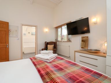 A bedroom with a bed and a television at Tregona Buckland Monachorum near Yelverton