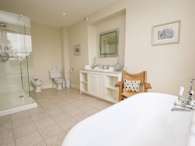 A bathroom with a bathtub a wooden chair a sink with mirror a toilet bidet and a glass shower cubicle at Shifford Manor Farm Shifford near Bampton Oxfordshire