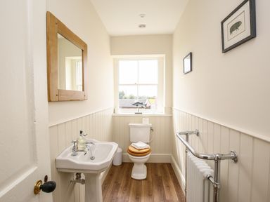 A small bathroom with a pedestal sink a toilet a mirror wooden floor and pictures on the wall at Shifford Manor Farm in Shifford near Bampton Oxfordshire