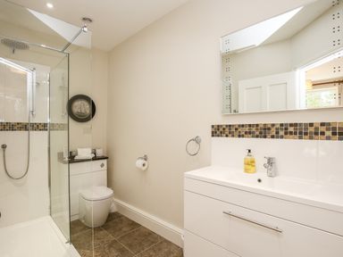 A bathroom with a glass shower enclosure a toilet a white vanity with a sink and mirror and a towel ring at Shifford Manor Farm in Shifford near Bampton Oxfordshire