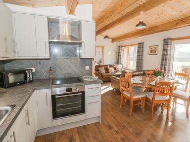 A kitchen with oven and microwave adjacent to a dining area with wooden table and chairs and a living area with sofas and windows at Top Style Orchard in Hallow