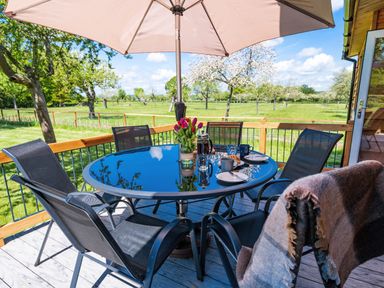 An outdoor patio with a glass table and six chairs under an umbrella overlooking a grassy orchard at Top Style Orchard in Hallow