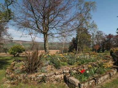 A raised stone flower bed with various flowers and plants surrounded by trees and grass at Silver Birches in Glaisdale