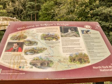An information board about Beggar's Bridge with illustrations and text about historic bridges in North York Moors National Park