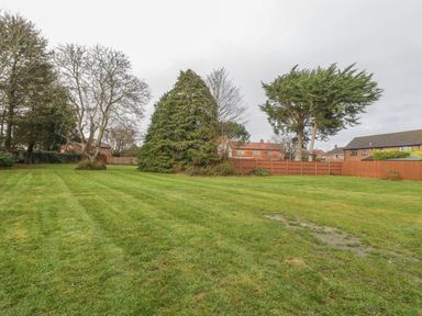 A grassy backyard with trees and a wooden fence surrounding houses at Greenlawns in Burnham-On-Sea