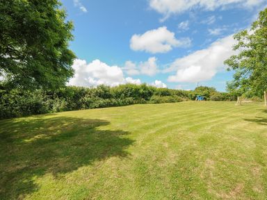 A mowed grassy field with trees on the sides and a blue tractor in the background at Lee Barton Farmhouse in Bude
