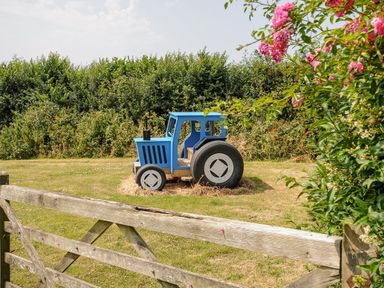 A blue wooden children's tractor toy on grass near a wooden gate and green bushes with pink flowers