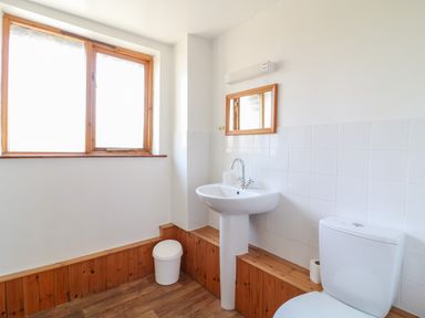 A bathroom with a window a sink a mirror a toilet and a trash bin at Swallow Cottage in Bude
