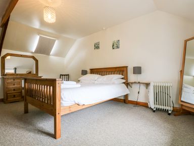 A bedroom with a wooden bed, dresser with mirror, standing mirror, and heater at Swallow Cottage in Bude