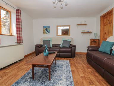A living room with two brown leather sofas a wooden coffee table and a blue rug at Swallow Cottage in Bude