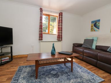 A living room with a brown leather sofa blue and gray cushions a wooden coffee table on a blue patterned rug and a television on a black stand near a window with red plaid curtains at Swallow Cottage in Bude
