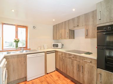 A kitchen with wooden cabinets dishwasher oven microwave and a window with flowers at The Wagon Linney in Bude