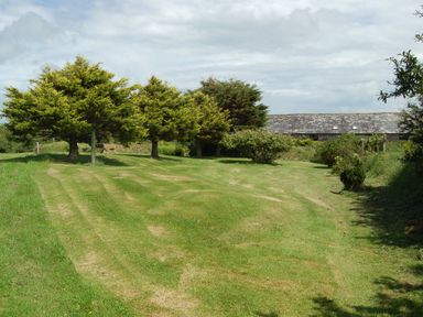 A grassy area with trees and bushes and a building in the background at The Wagon Linney in Bude