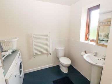 A bathroom with a toilet sink washing machine and a window at Llofft Yr Yd in Llandwrog near Dinas Dinlle