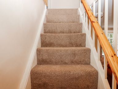 A staircase with carpeting and a wooden handrail at Yew Tree Cottage in Stoke Fleming