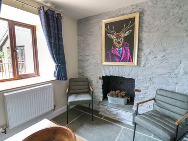 A room with two chairs a stone fireplace with pine cones and a framed deer painting on the wall at Cwmfadog in Llanafan-fawr near Beulah