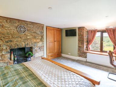 A bedroom with a stone wall fireplace wooden wardrobe wall mounted tv window with red curtains and a bed at Cwmfadog in Llanafan-fawr near Beulah