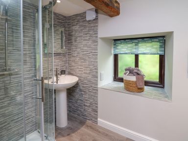 A bathroom with a glass shower enclosure a pedestal sink and a window with rolled blue fish patterned blind at Cwmfadog Llanafan-fawr near Beulah