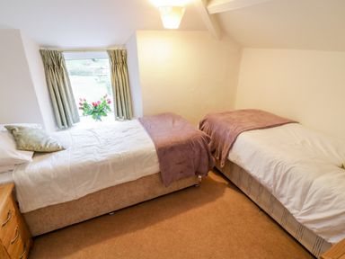 A bedroom with two single beds a window with curtains and flowers on the window sill at 2 Rose Cottages Lansallos near Polperro