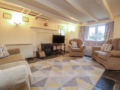 A living room with beige sofas patterned cushions a rug a TV on a stand and windows with curtains at 2 Rose Cottages Lansallos near Polperro