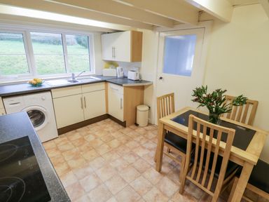 A kitchen with a washing machine sink cabinets and a wooden dining table with chairs and flowers at 4 Rose Cottages Lansallos near Polperro