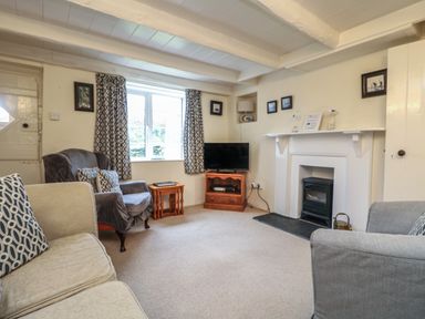 A living room with sofas a television on a wooden stand and a fireplace at 4 Rose Cottages in Lansallos near Polperro