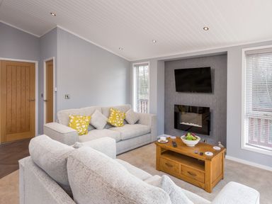 A living room with two sofas a wooden coffee table a wall mounted tv and a fireplace at Waternook Lodge South Lakeland Leisure Village