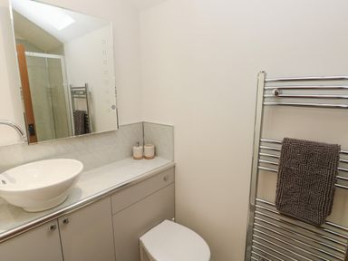 A bathroom with a sink countertop with soap dispenser and toothbrush holder a toilet and a heated towel rail with a towel at The Cwtch in St Brides Major
