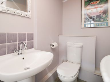 A bathroom with a white sink and faucet next to a white toilet and a wall-mounted toilet paper holder at Sethera in Ambleside