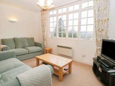 A living room with green sofas wooden table television and large windows at Sethera in Ambleside