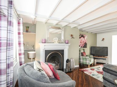 A living room with a fireplace a grey chair with cushions a green armchair and a television at Bryn Peris in Moelfre