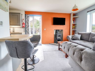 A living room with grey sofas a wooden coffee table and a wood burning stove on an orange wall at Bryn Hyfryd in Harlech