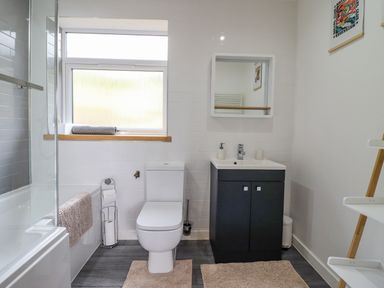A bathroom with a toilet sink vanity mirror bathtub and window at Bryn Hyfryd in Harlech