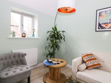 A small living room with a gray armchair a white sofa a wooden round coffee table with books a tall plant a window with decorations and a hanging lamp at Robins Nest Cottage in Brandesburton
